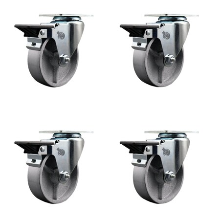 Service Caster 4'' Semi Steel Wheel Swivel Top Plate Caster Set with Posi Brake, 4PK SCC-20S415-SSR-PLB-4